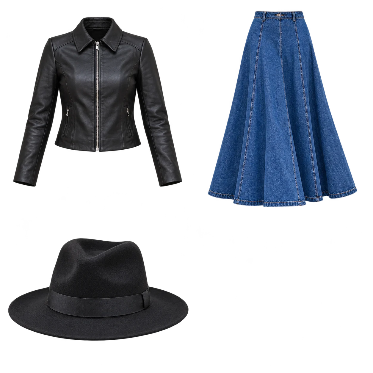 A black leather jacket, a denim skirt and a felt hat arranged as an outfit idea.