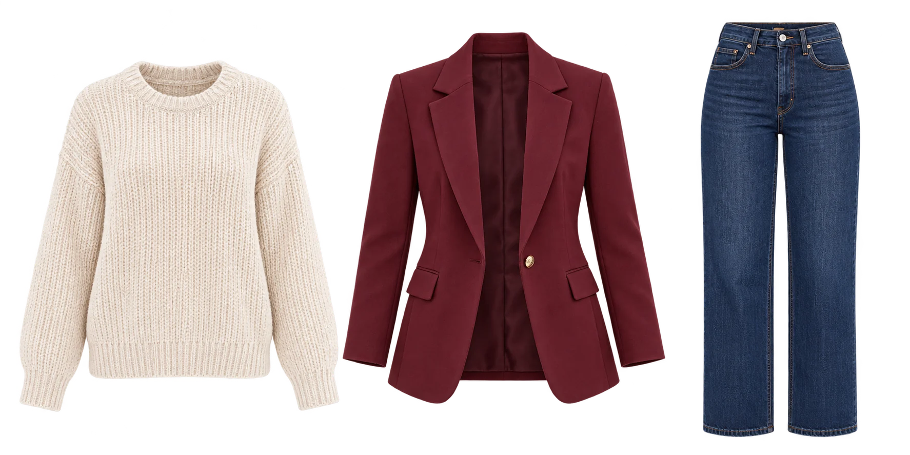 An ivory knit jumper, a burgundy blazer and blue jeans, arranged side by side.
